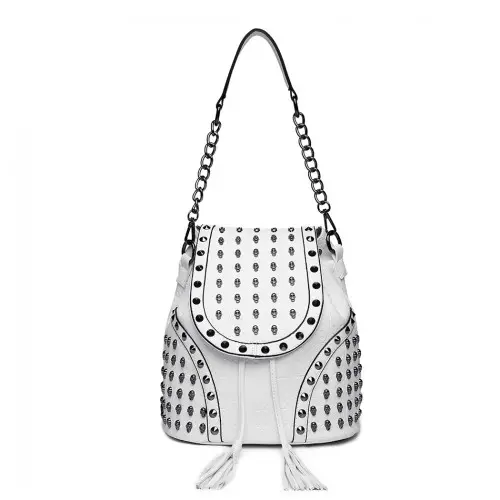 L1414 - Miss Lulu Skull Studded Backpack Shoulder Bag - Beige by All Mart Bristol Ltd
