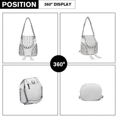 L1414 - Miss Lulu Skull Studded Backpack Shoulder Bag - Beige by All Mart Bristol Ltd