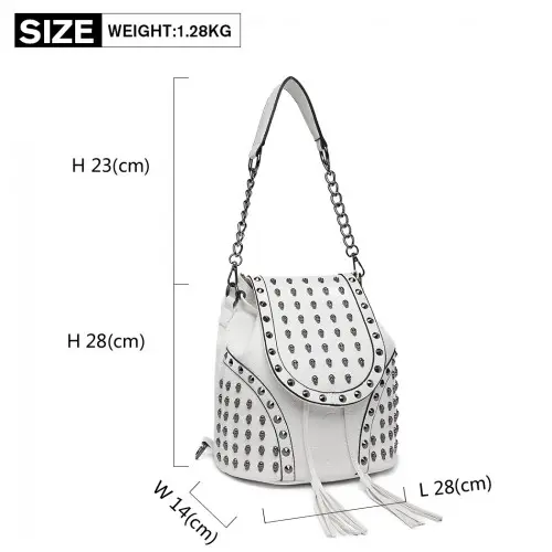 L1414 - Miss Lulu Skull Studded Backpack Shoulder Bag - Beige by All Mart Bristol Ltd