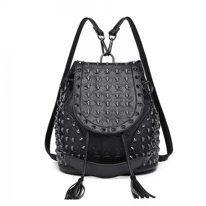 L1414 - Miss Lulu Skull Studded Backpack Shoulder Bag - Black by All Mart Bristol Ltd