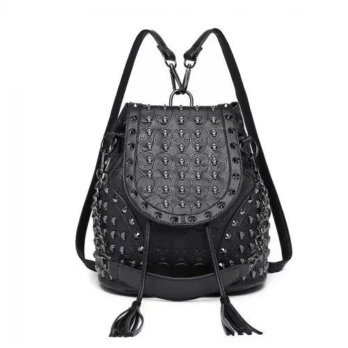 L1414 - Miss Lulu Skull Studded Backpack Shoulder Bag - Black by All Mart Bristol Ltd