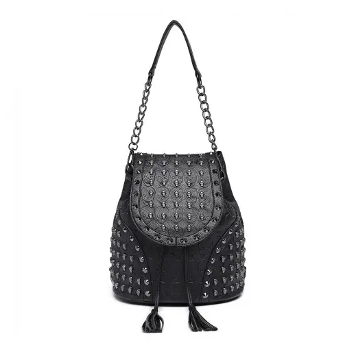 L1414 - Miss Lulu Skull Studded Backpack Shoulder Bag - Black by All Mart Bristol Ltd