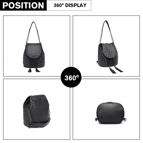 L1414 - Miss Lulu Skull Studded Backpack Shoulder Bag - Black by All Mart Bristol Ltd