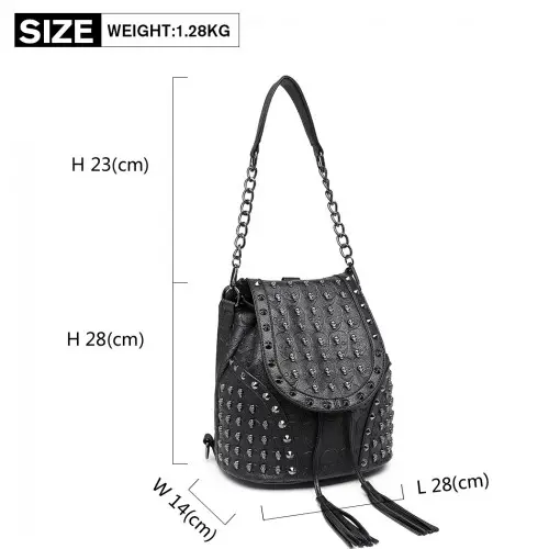 L1414 - Miss Lulu Skull Studded Backpack Shoulder Bag - Black by All Mart Bristol Ltd