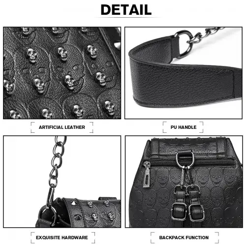 L1414 - Miss Lulu Skull Studded Backpack Shoulder Bag - Black by All Mart Bristol Ltd