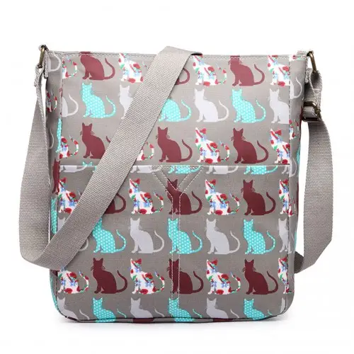 LC1644CT - Miss Lulu Regular Matte Oilcloth Square Bag Cat Grey by All Mart Bristol Ltd