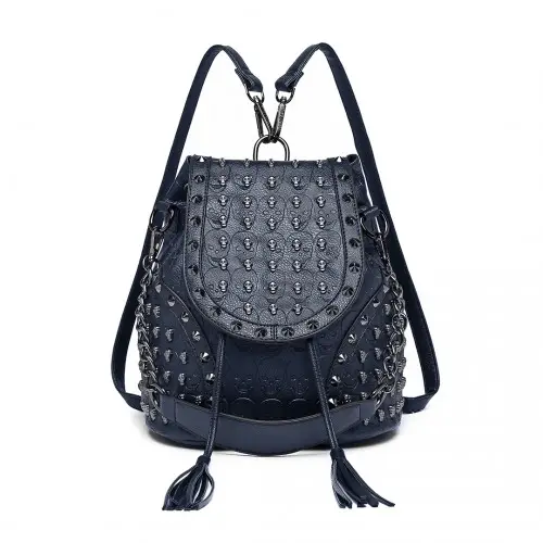 L1414 - Miss Lulu Skull Studded Backpack Shoulder Bag - Navy by All Mart Bristol Ltd