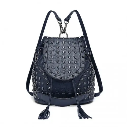 L1414 - Miss Lulu Skull Studded Backpack Shoulder Bag - Navy by All Mart Bristol Ltd