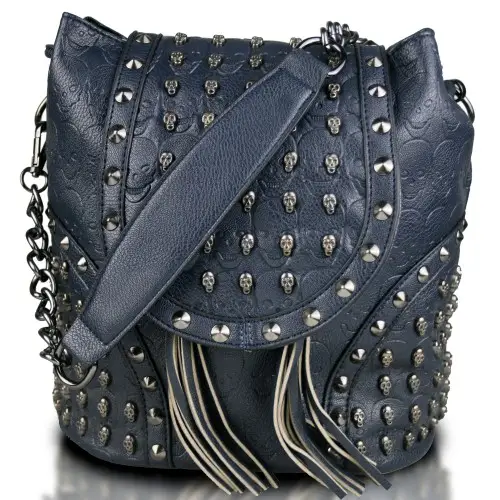 L1414 - Miss Lulu Skull Studded Backpack Shoulder Bag - Navy by All Mart Bristol Ltd