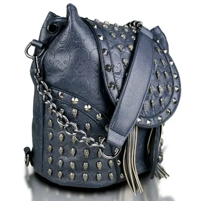 L1414 - Miss Lulu Skull Studded Backpack Shoulder Bag - Navy by All Mart Bristol Ltd