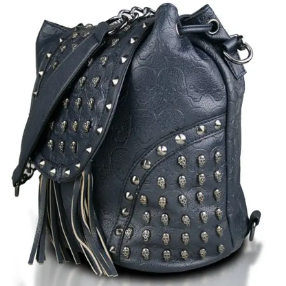 L1414 - Miss Lulu Skull Studded Backpack Shoulder Bag - Navy by All Mart Bristol Ltd