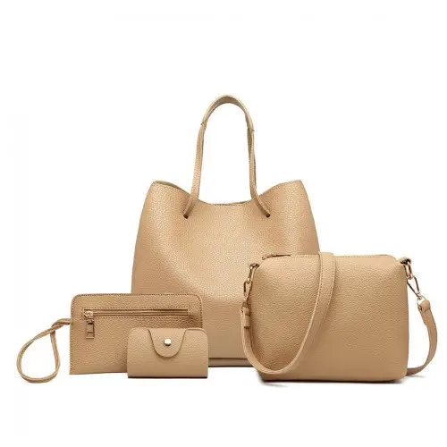 LB1937 - MISS LULU 4 PIECE SET SHOULDER TOTE HANDBAG - BEIGE by All Mart Bristol Ltd