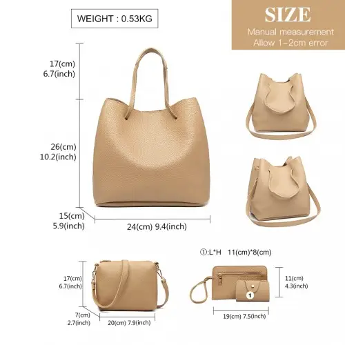 LB1937 - MISS LULU 4 PIECE SET SHOULDER TOTE HANDBAG - BEIGE by All Mart Bristol Ltd