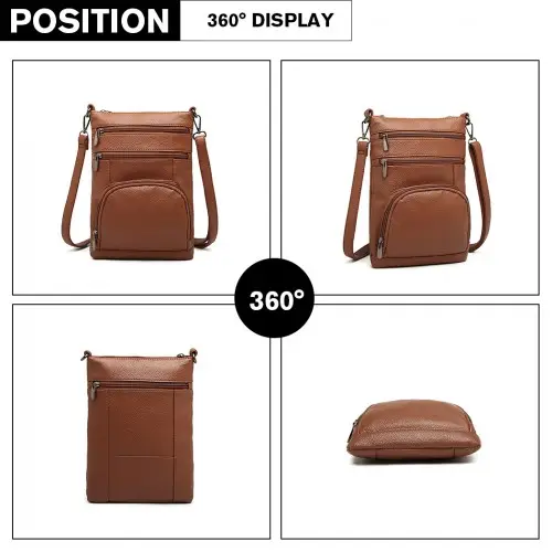 LB6927 - Miss Lulu Multi Pocket Leather Look RFID-Blocking Cross Body Bag - Brown by All Mart Bristol Ltd