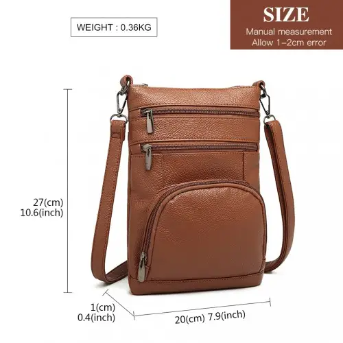 LB6927 - Miss Lulu Multi Pocket Leather Look RFID-Blocking Cross Body Bag - Brown by All Mart Bristol Ltd