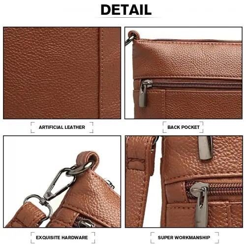 LB6927 - Miss Lulu Multi Pocket Leather Look RFID-Blocking Cross Body Bag - Brown by All Mart Bristol Ltd