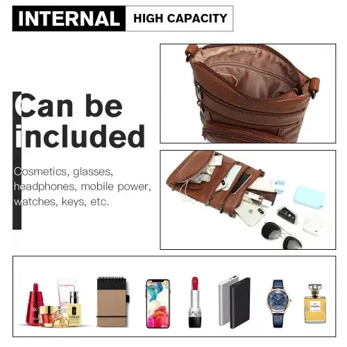 LB6927 - Miss Lulu Multi Pocket Leather Look RFID-Blocking Cross Body Bag - Brown by All Mart Bristol Ltd