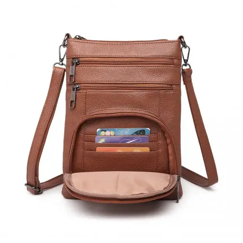 LB6927 - Miss Lulu Multi Pocket Leather Look RFID-Blocking Cross Body Bag - Brown by All Mart Bristol Ltd