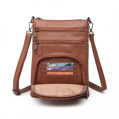 LB6927 - Miss Lulu Multi Pocket Leather Look RFID-Blocking Cross Body Bag - Brown by All Mart Bristol Ltd