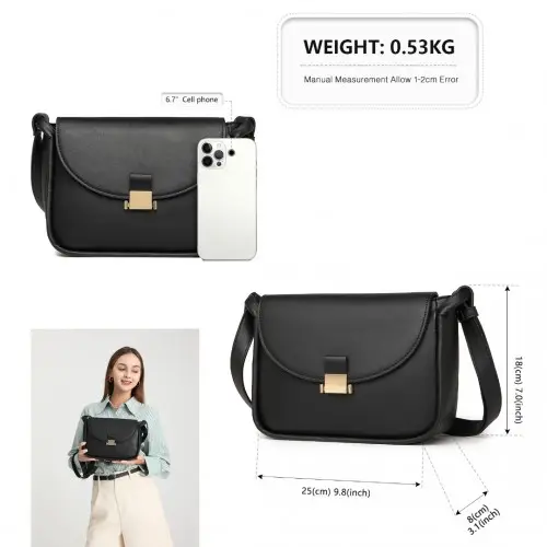 LH2109 - Miss Lulu Fashion Leather Commute Flap Small Square Bag - Black by All Mart Bristol Ltd