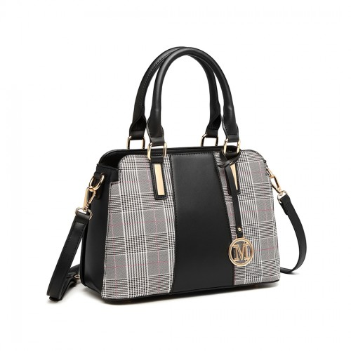LG2001 - Miss Lulu Gingham Plaid Panel Shoulder Bag - Black by All Mart Bristol Ltd