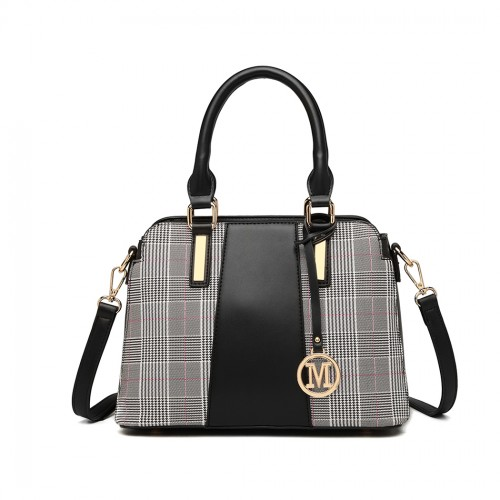 LG2001 - Miss Lulu Gingham Plaid Panel Shoulder Bag - Black by All Mart Bristol Ltd