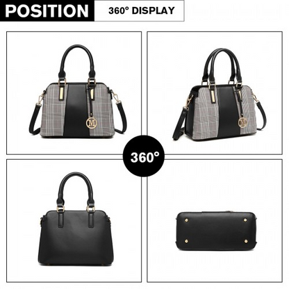 LG2001 - Miss Lulu Gingham Plaid Panel Shoulder Bag - Black by All Mart Bristol Ltd