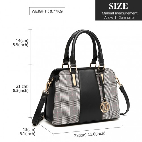 LG2001 - Miss Lulu Gingham Plaid Panel Shoulder Bag - Black by All Mart Bristol Ltd