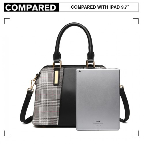 LG2001 - Miss Lulu Gingham Plaid Panel Shoulder Bag - Black by All Mart Bristol Ltd