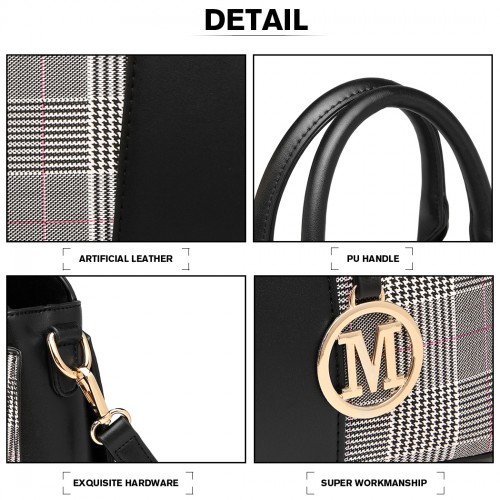 LG2001 - Miss Lulu Gingham Plaid Panel Shoulder Bag - Black by All Mart Bristol Ltd