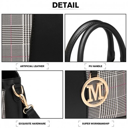 LG2001 - Miss Lulu Gingham Plaid Panel Shoulder Bag - Black by All Mart Bristol Ltd