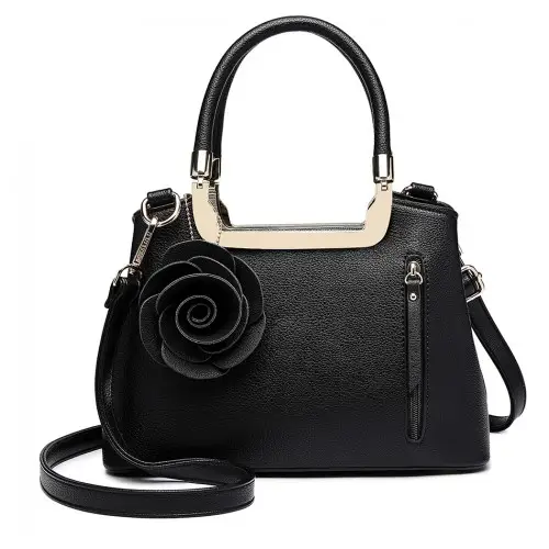 LG1847 - MISS LULU PU LEATHER ROSE HANGING ORNAMENT HANDBAG - BLACK by All Mart Bristol Ltd