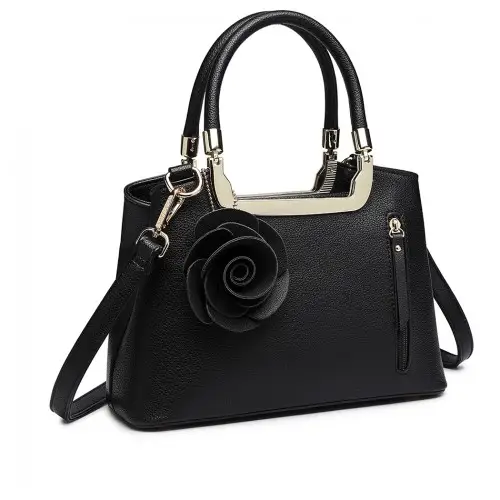 LG1847 - MISS LULU PU LEATHER ROSE HANGING ORNAMENT HANDBAG - BLACK by All Mart Bristol Ltd