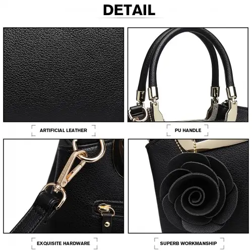 LG1847 - MISS LULU PU LEATHER ROSE HANGING ORNAMENT HANDBAG - BLACK by All Mart Bristol Ltd