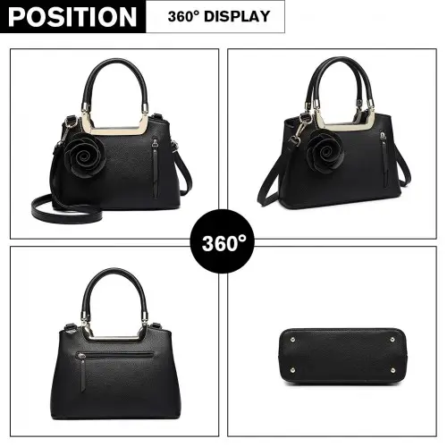 LG1847 - MISS LULU PU LEATHER ROSE HANGING ORNAMENT HANDBAG - BLACK by All Mart Bristol Ltd