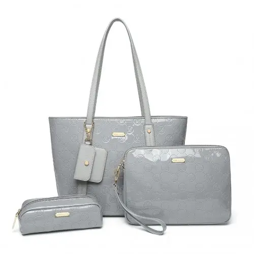 LD2217 - Miss Lulu 4 Pieces Glossy Leather Tote Bag Set - Grey by All Mart Bristol Ltd
