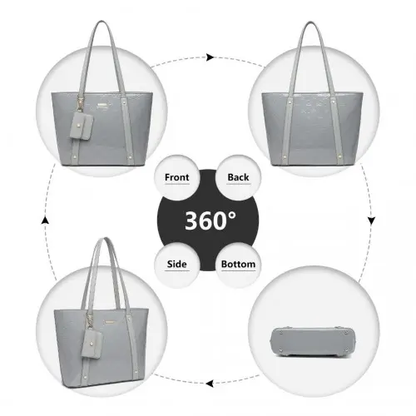 LD2217 - Miss Lulu 4 Pieces Glossy Leather Tote Bag Set - Grey by All Mart Bristol Ltd