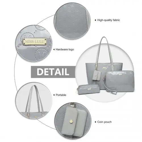LD2217 - Miss Lulu 4 Pieces Glossy Leather Tote Bag Set - Grey by All Mart Bristol Ltd