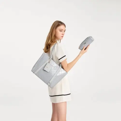LD2217 - Miss Lulu 4 Pieces Glossy Leather Tote Bag Set - Grey by All Mart Bristol Ltd