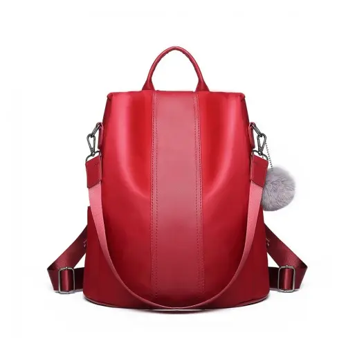 LG1903 - Miss Lulu Two Way Backpack Shoulder Bag with Pom Pom Pendant - Red by All Mart Bristol Ltd