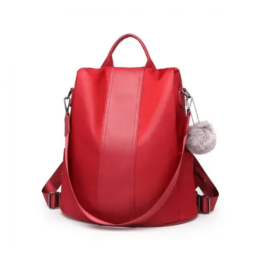LG1903 - Miss Lulu Two Way Backpack Shoulder Bag with Pom Pom Pendant - Red by All Mart Bristol Ltd