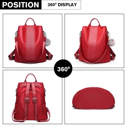 LG1903 - Miss Lulu Two Way Backpack Shoulder Bag with Pom Pom Pendant - Red by All Mart Bristol Ltd