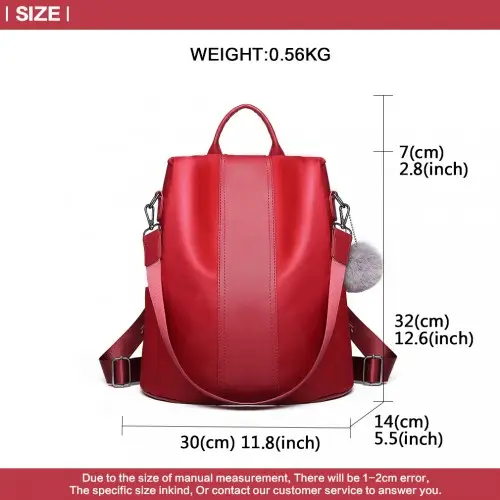 LG1903 - Miss Lulu Two Way Backpack Shoulder Bag with Pom Pom Pendant - Red by All Mart Bristol Ltd