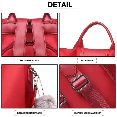 LG1903 - Miss Lulu Two Way Backpack Shoulder Bag with Pom Pom Pendant - Red by All Mart Bristol Ltd