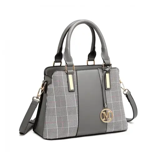 LG2001 - Miss Lulu Gingham Plaid Panel Shoulder Bag - Grey by All Mart Bristol Ltd