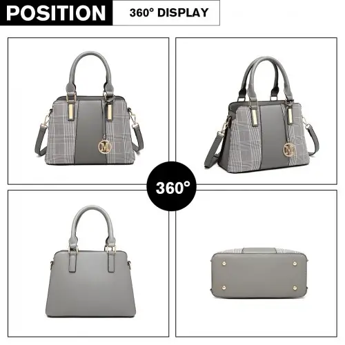 LG2001 - Miss Lulu Gingham Plaid Panel Shoulder Bag - Grey by All Mart Bristol Ltd
