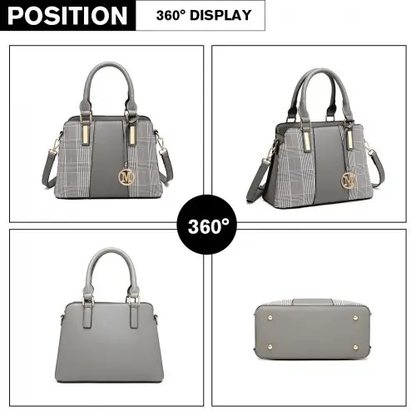 LG2001 - Miss Lulu Gingham Plaid Panel Shoulder Bag - Grey by All Mart Bristol Ltd