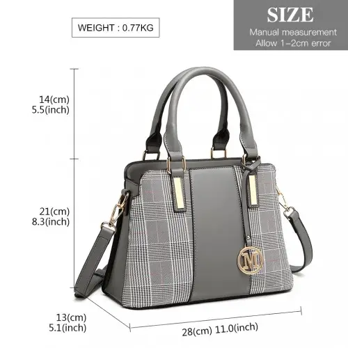 LG2001 - Miss Lulu Gingham Plaid Panel Shoulder Bag - Grey by All Mart Bristol Ltd