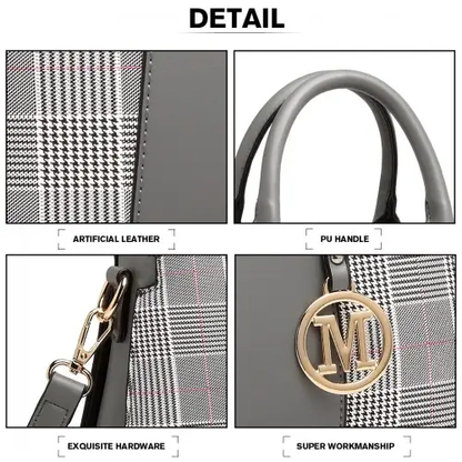 LG2001 - Miss Lulu Gingham Plaid Panel Shoulder Bag - Grey by All Mart Bristol Ltd