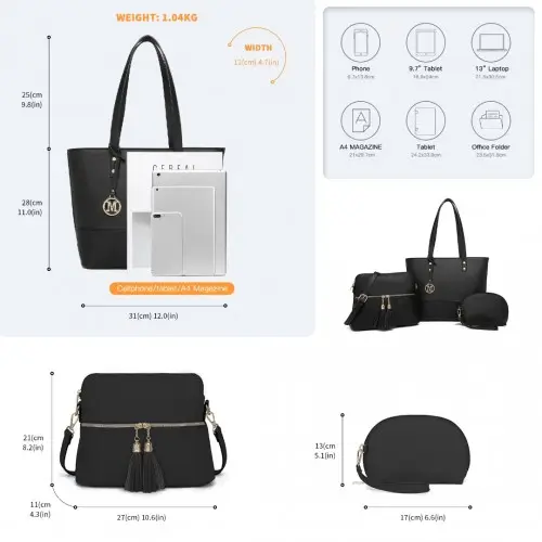 LG2023 - Miss Lulu Elegant 3-Piece Leather Look Tote Bag Set - Versatile & Chic for Every Occasion - Black by All Mart Bristol Ltd